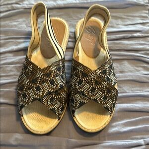 Bettye Muller Black and Tan Sandals with Intricate Design